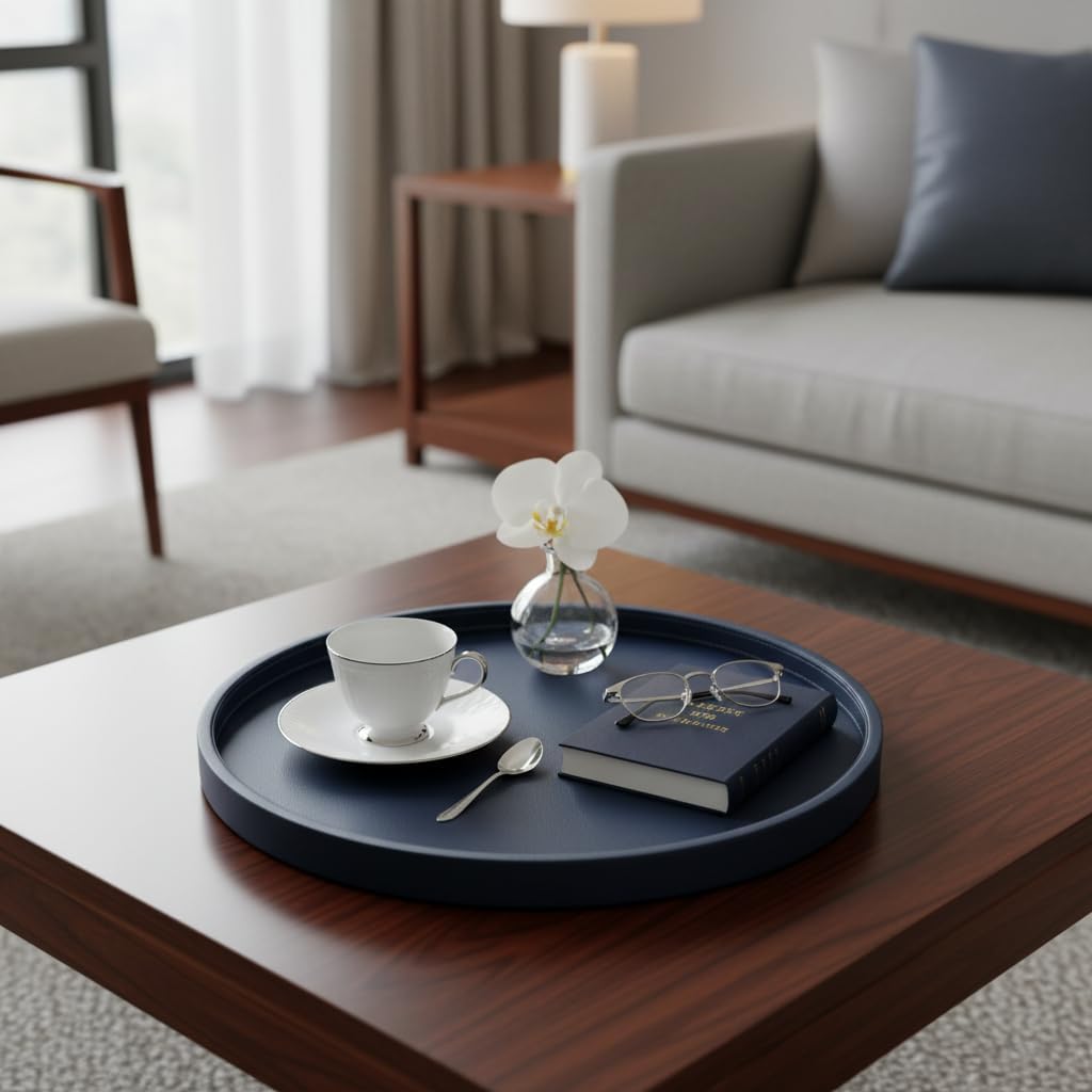 20-inch Round Ottoman Serving Tray - Textured PU Leather Coffee Table Decor, Waterproof Heat-Resistant Large Organizer for Home, Office, Bed & Party Essentials (Navy Blue, 20in)