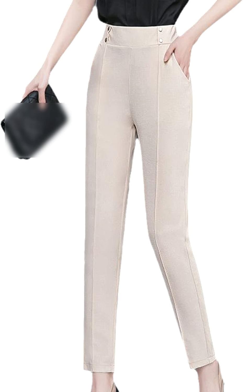 Kelsiop Women's Summer Button Appliqué Fashion Versatile Elastic High Waist Straight Cropped Pants