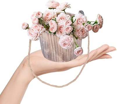 Wooden Barrel Planter, Rustic Round Garden Flower Pot with Twine and Drainage Hole, Vintage Wishing Well Pail for Indoor Outdoor Use, Decorative Plant Container for Patio and Balcony