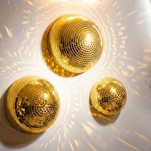 Singhoow 3 Pack Gold Disco Ball Wall Decor 8/6/4 Inch 3D Large Half-Disco Ball Reflective Mirror Wall Art Self-Adhesive Aesthetic 70s 80s Sparkling Funky Party Decorations for Bedroom Birthday