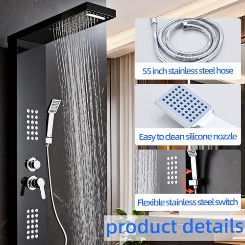 HSYLYPA Shower Panel Tower System 5-in-1 Shower Panel Tower with Powerful Body Massage, Rainfall, Waterfall,Handheld and Tub Spout, Stainless Steel Shower Column - Brushed Black - Thumbnail 5