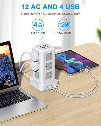 Extension Lead with USB Slots - [3250W/13A 1800J] Surge Protected Extension Lead, 3.1A Fast USB Extension Lead, 10FT Heavy-Duty plug Extension Cable, 12 Way 4 USB Ports for Home and Office
