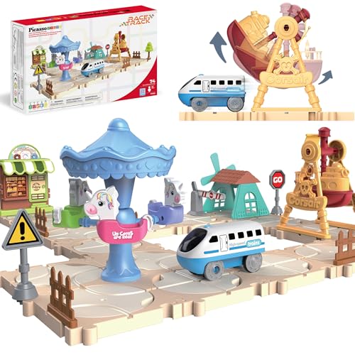 Image of PicassoTiles 74PC Train Track Builder Rotating Reversible Engineering Playset w /Vehicle & Decorative Accessories Car Racetrack Building Block Construction Set Road Game STEM Learning Toy Age 3+ PTR23