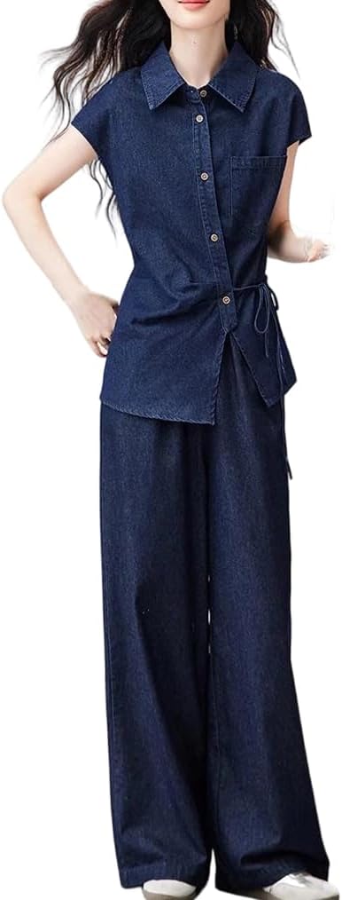 Womens Summer Two Piece Denim Outfit Asymmetrical Front Tie Sleeveless Shirt And Elastic Waist Wide Leg Pant Set