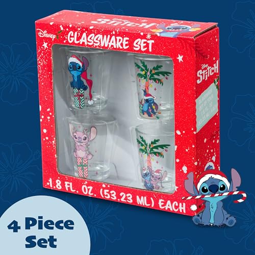 Image of Silver Buffalo Lilo and Stitch Xmas Stitch and Friends Palm Gift Set 4pc. 1.5oz. Mini Glass Set 2x2