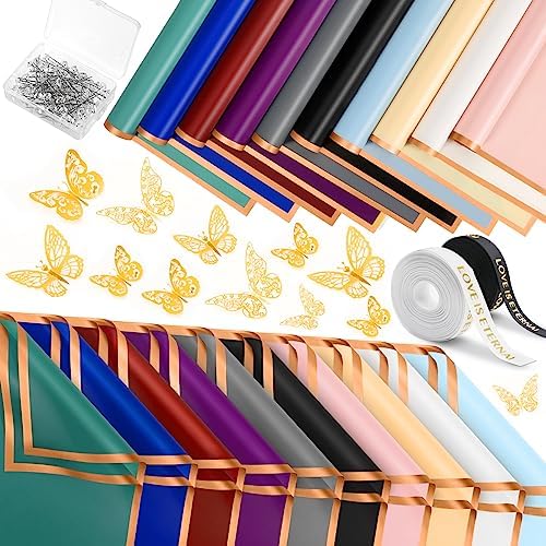 NESCCI 200 Sheet Floral Wrapping Paper Folded Flat Waterproof Flowers Bouquet Packaging Paper with Rose Gold Border Double Sided Florist Packaging Paper for Wedding Birthday Flower Shop DIY Craft
