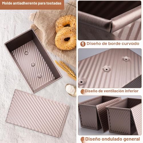 Miniatura 6 de Inodiref 2 Piezas Moldes Para Pan Con Tapa Masa De 900 G 2 Lb Molde Para Pan De Molde Con Tapa Antiadherente Molde Rectangular Reposteria Acero Al Carbono Corrugado Para Hornear Pasteles Tostar Pan