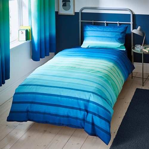 Catherine Lansfield Ombre Stripe Reversible Single Duvet Cover Set with Pillowcase Navy Green
