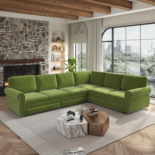 Image of KCGKCG 118 inch Sleeper Sofa Bed, Sectional Couches for Living Room /Apartment, Chenille L Shaped Couch with Pull Out Couch Bed, Convertible Sectional Sofa with Rolled Arm & Nailhead Trim, Light Green