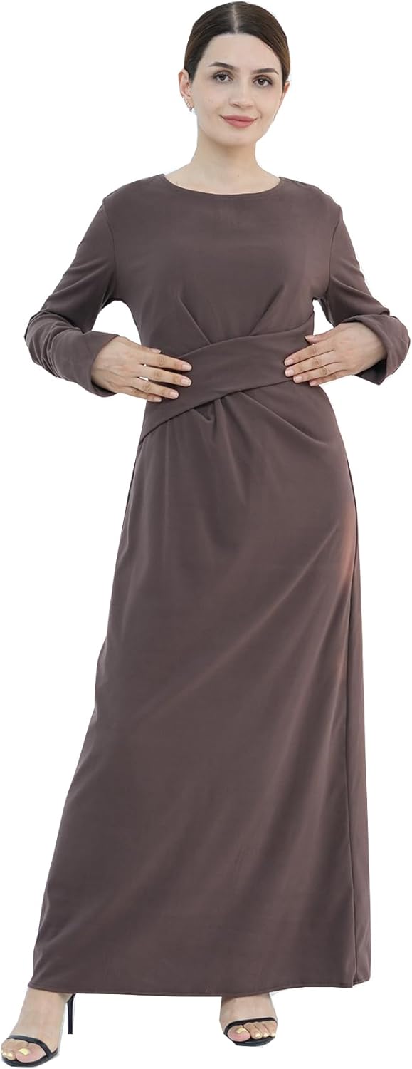 Prlemend Women Abaya Dress Muslim Winter Dress Islamic Waistband Robe Long Sleeve Prayer Gown