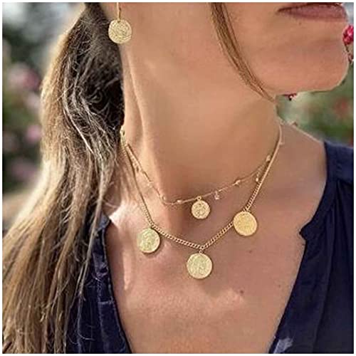 Erimberate Bohemian Layered Coin Necklace Choker Gold Satellite Collarbone Necklace Disc Pendant Necklace Engraved Coin Dangle Choker Necklace Jewelry For Women And Girls #TOP29