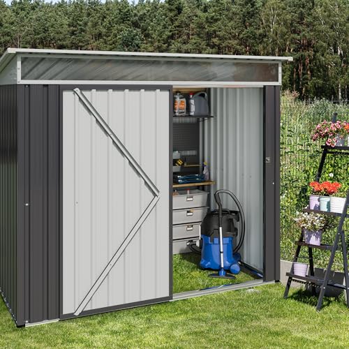 Image of JY QAQA 6x4 FT Metal Outdoor Garden Storage Shed,Waterproof Metal Garden Sheds with Window and Lockable Double Door,Weather Resistant Steel Tool Storage House Shed for,Garden,Patio,Lawn, Dark Grey
