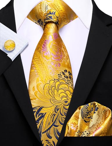 Image of Barry.Wang Flower Ties for Men Silk Woven Floral Tie Sets Necktie Handkerchief Cufflinks Wedding Party