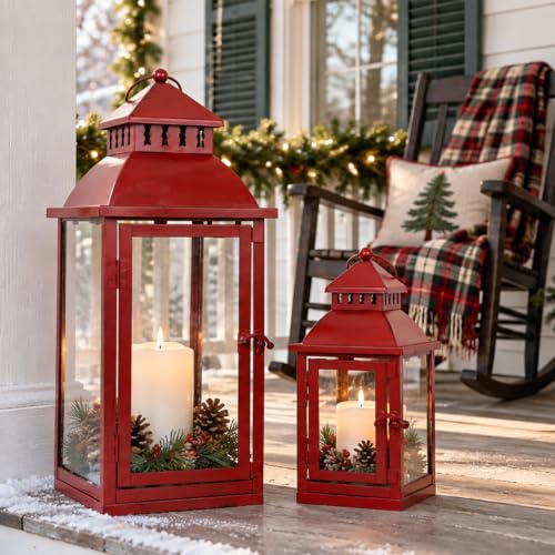 NEEDOMO Christmas Decorations Outdoor & Indoor, Set of 2 Outdoor Lanterns for Porch, Large Candle Lantern, Red Metal Frame with Glass, Vintage Farmhouse, Patio, Pathway, Garden, Christmas