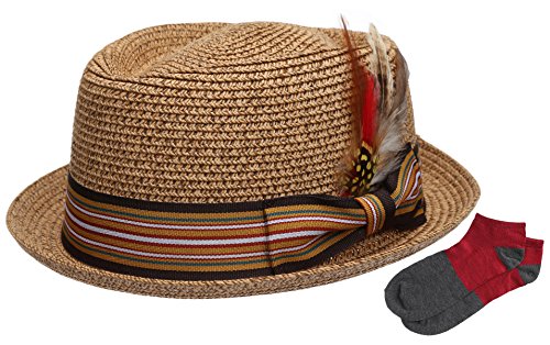 Men's Premium Straw Porkpie Fedora Hat with Summer Low Cut Sock