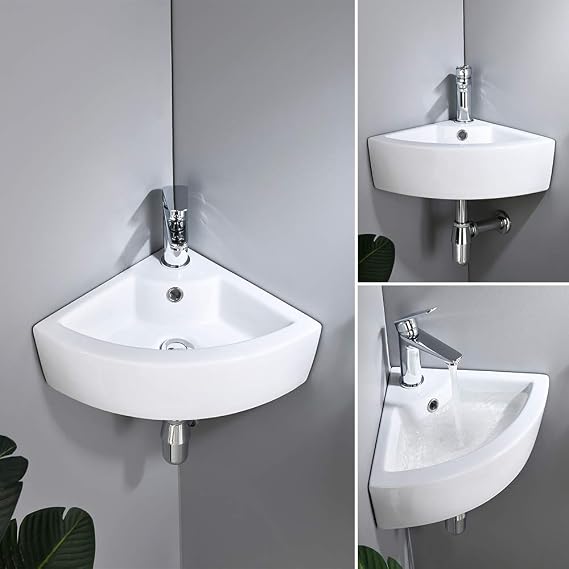 Small Corner Wall Mount Bathroom Sink and Faucet Combo - VOKIM White Porcelain Ceramic Above Counter Mini Vanity Vessel Sink with Chrome Faucet and Pop-up Drain Combo