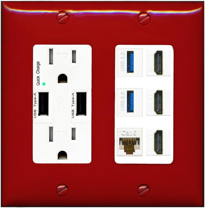 RiteAV 3 Port HDMI 2 Port USB 3.0 1 CAT6-RJ45 Wall Plate - USB Outlet [Ivory/White]