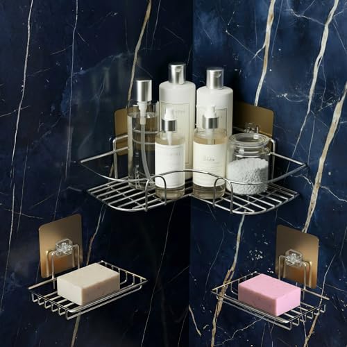 Image of No Drill Bathroom Combo 1 L Shape Corner Shelf & 2 Stickable SS Soap Holders with Drain Tray | Self Adhesive Wall Shelf Organizer for Kitchen & Bathroom Magic Sticker (Silver, Pack of 3)