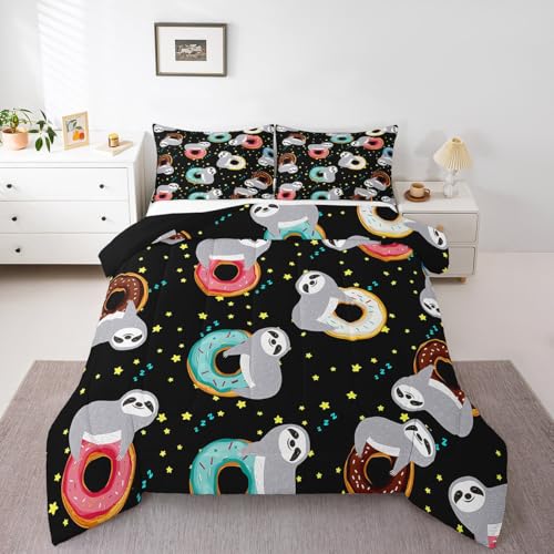 Cartoon Sloth Comforter Set for Kids Boys Girls,Sprinkles Donut Printed Bedding Set with Glitter Stars,Sweet Dessert Food Quilt Set,Funny Sloth Microfiber Duvet Insert with 2 Pillowcase,Full
