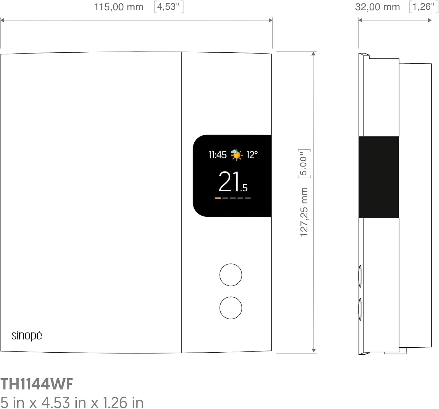 Technical drawing with dimensions of the Sinopé TH1144WF thermostat