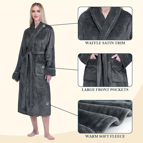 Image of PAVILIA Women's Plush Fleece Robe, Soft Cozy Long Bathrobe with Satin Waffle Trim, Warm Lightweight, Pockets & Tie Belt