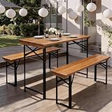Bonnlo 3-teiliges Bierzeltgarnitur, Gartenmöbel Set, Picknick-Set mit 2 Bänken aus Tannenholz mit Metallgestell, Faltbares Camping-Möbelset für Innen & Außen, 113,5 × 50 × 74,5 cm (Walnussfarbe)