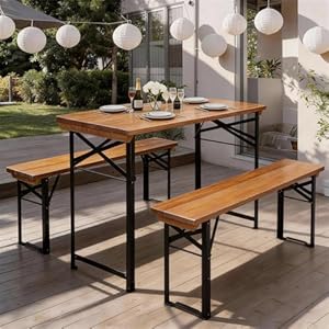 Bonnlo 3-teiliges Bierzeltgarnitur, Gartenmöbel Set, Picknick-Set mit 2 Bänken aus Tannenholz mit Metallgestell, Faltbares Camping-Möbelset für Innen & Außen, 113,5 × 50 × 74,5 cm (Walnussfarbe)