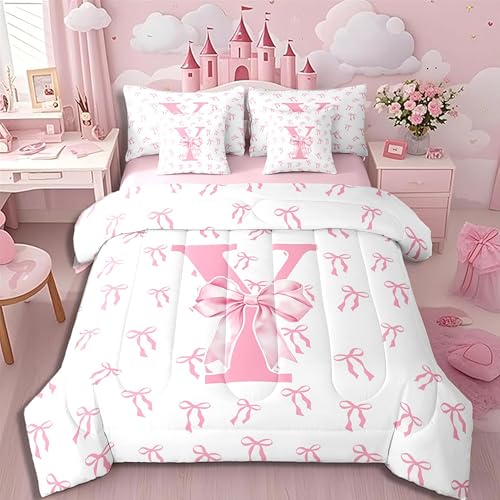 Erosebridal Cute Pink Princess Comforter Set Full Dreamy Coquette Bows Bedding Set for Kids Women Lady Watercolor Initial Letter Y 7 Piece Bed in a Bag Girly Ribbon Bowknot Sheet Set with Comforter