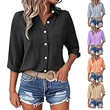 Musselin Bluse Damen,3/4 Arm Hemdbluse Baumwolle Leinen Shirt Hemd Bluse Sommer Freizeit T-Shirt Casual Lässige Oberteile mit Knöpfen Klassische Sommerblusen Leicht und Luftig S-5XL