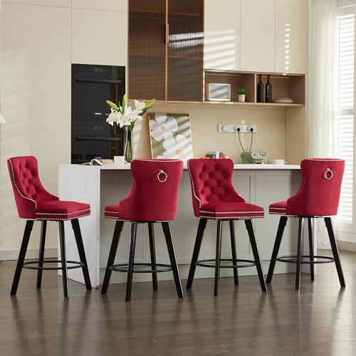 Image of YITAI Modern Swivel Set of 4 Velvet Barstools with Large Backrest and Sturdy Metal Footrest,Button Tufted Rivet Trim Dining Room Chairs with Metal Pull Ring for Kitchen Island,Home Bar,Bistro, Red