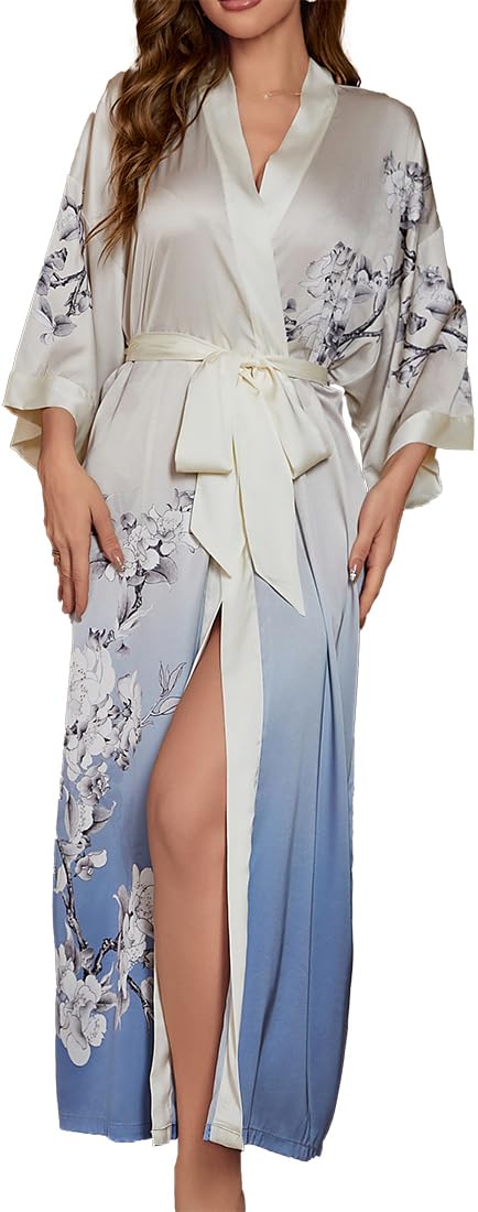 Albornoces de Verano para Mujer Bata Kimono de Satén Pijama Seda Estampado con Talla Única Camisón Largo Sexy y Elegante