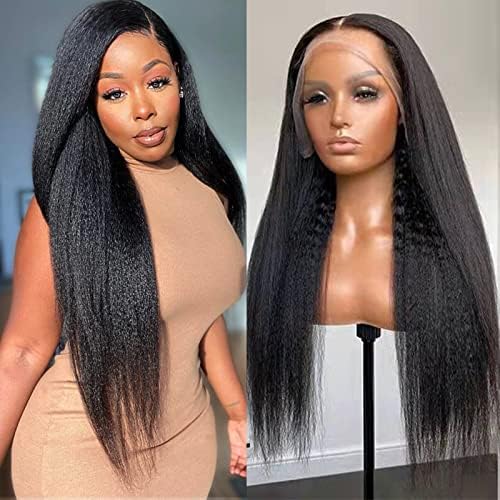 Lemoda 34 Inch 13x6 Kinky Straight Human Hair Wig 180 Density Yaki Straight Wig HD Transparent Lace Frontal Wig Pre Plucked with Baby Hair Brazilian Virgin Human Hair Wigs for Black Women