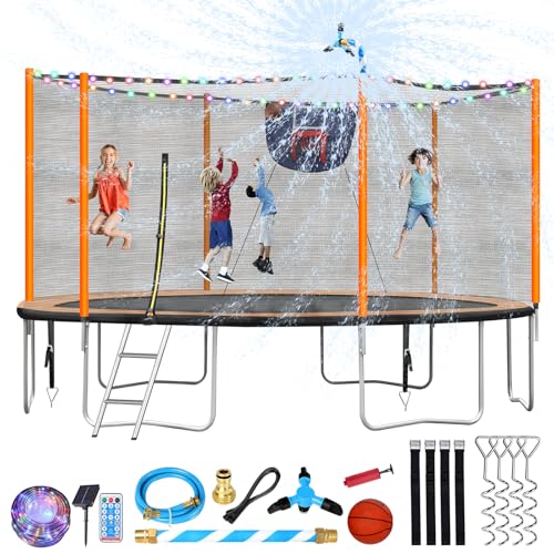 Lyromix 14FT Outdoor Trampoline, Large 14 Foot Trampoline with Stakes, Light, Sprinkler, Basketball Hoop and Net, Capacity for 5-8 Kids and Adults
