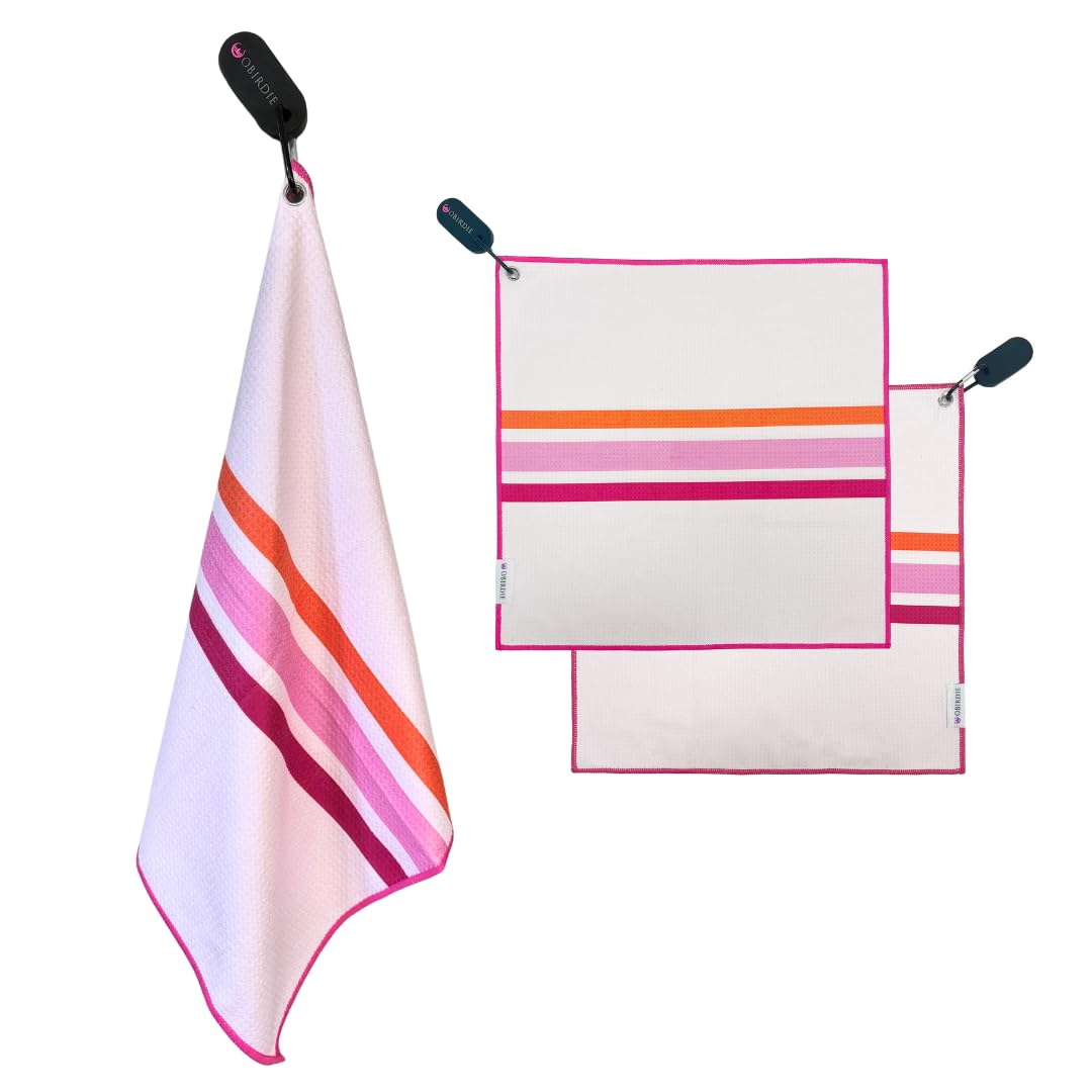 Obirdie Magnetic Golf Towel | 18"x18" Waffle Microfiber | Women's Golf Accessory | Detachable Clip | Quick-Dry, Ultra-Absorbent | Pink Stripe