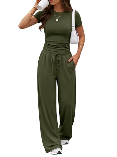 Trendy Queen Women's 2 Piece Matching Summer Lounge Set with Pockets | Vacation Airport Travel Outfits, Workout Gym Clothing Comfy Athleisure Clothes, Side-ruched Top, Drawstring Wide Leg Pants - Large - Army Green