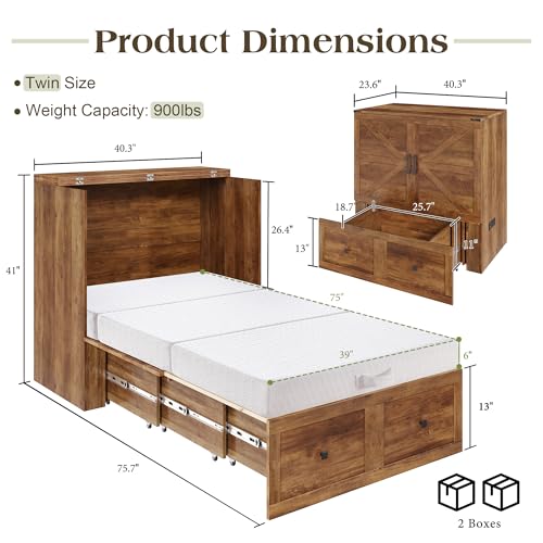 Image of LUXOAK Twin Murphy Bed with 6 inch White Tri-Fold Memory Foam Mattress, Storage Drawer & Charging Station, Space-Saving Design for Home Office or Guest Room, Barnwood