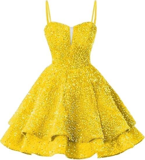 Sparkly Sequin Homecoming Short Tiered Dresses for Teens V Neck Hot Pink Spaghetti Straps Party Gowns Dress