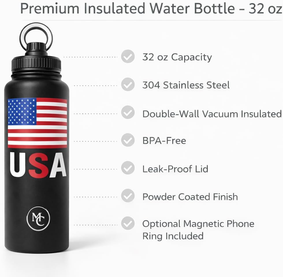 Stainless Steel Insulated Water Bottle with Magnetic Phone Holder – 32oz (Black)