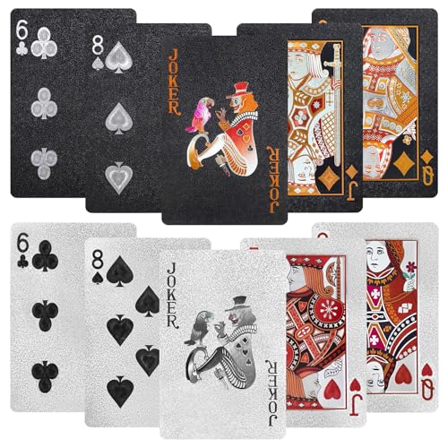 Feruchun 2 Jeux de Cartes 54,Jeu de Carte Imperméable,Carte Poker Plastique,Playing Cards pour Bridge, Blackjack (Noir + Argent)