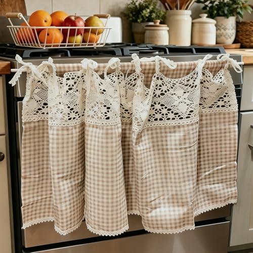 JarThenaAMCS Brown Check Oven Skirt Brown White Plaid Gingham Oven Curtain Rustic Checkered Stove Cover Skirt with Lace Trim & 8 Ribbon Ties for Cottage Farmhouse Kitchen Decor