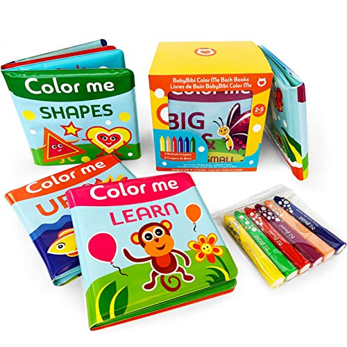 Image of BabyBibi Color Me Bath Books Plus Crayons – Set of 4 Different Books – Includes 6 Washable Bath Crayons – Learn and Play Including Opposites and Shapes – Suitable for 2+
