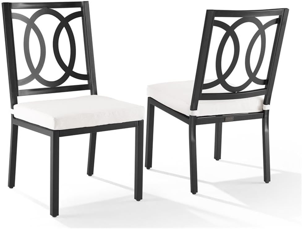 Pemberly Row Metal Outdoor Dining Chair Set of 2, 36.5" H x 18.75" W x 19.5" D, Matte Black Finish, Cream Cushions, Weather-Resistant Steel, UV and Rust Resistant Balcony or Patio Furniture