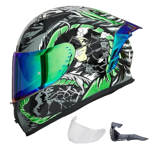ILM Casco Moto Integrale per Uomo e Donna-Casco Moto con 2 Visiere Compatibile con Pinlock Trasparente e Colorato-Casco Motocross Street Bike ECE Modello Z501,Legend Green,L