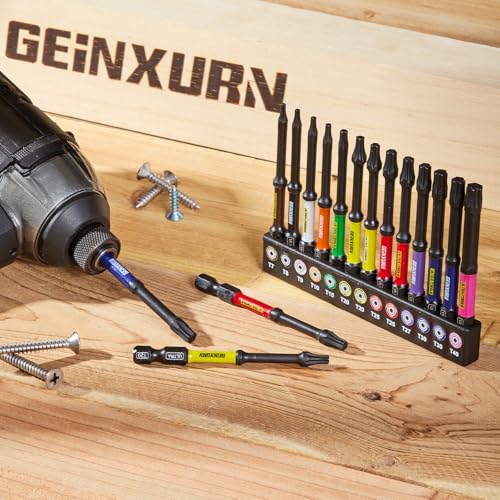 GEINXURN 13tlg. Torx Schrauber Bit Set Schlagfester T7-T40 75mm Länge, 1/4 Zoll Sechskantschaft S2 Legierter Stahl Magnetische Schrauberbitsatz, Farbcodierte Basis