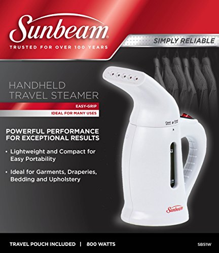 Sunbeam SB51W Garment Steamer Portable Handheld Fabric Steamer, 266 milliliter Water Tank, Fast Heat-up Powerful Travel Garment Clothes Steamer with High Capacity for Home and Travel, Travel Pouch Included