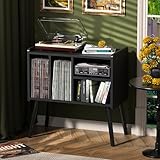 UODERS Record Player Table, Mid-Century Record Player Stand with Vinyl Storage Hold Up to 150+ Albums, Vinyl Record Cabinet with Adjustable Shelves, Wood Turntable Stand for Music Living Room (Black)