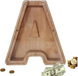 Wooden Letter Piggy Bank, Cute 26 Alphabet Money Bank, Personalized Bills and Coins Bank Money Box, Cash Saving Bank for Adults Boys Girls Best Gift (A)