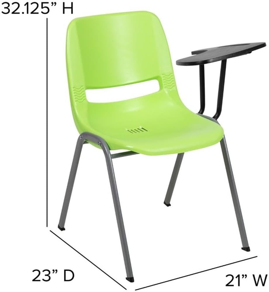 BOWERY HILL Plastic Classroom Chair with Left Tablet Arm, Green Finish, Ergonomic Contoured Design, Metal Sled Base, Compact Student Desk Chair for Training, Study, or Conference Room Use
