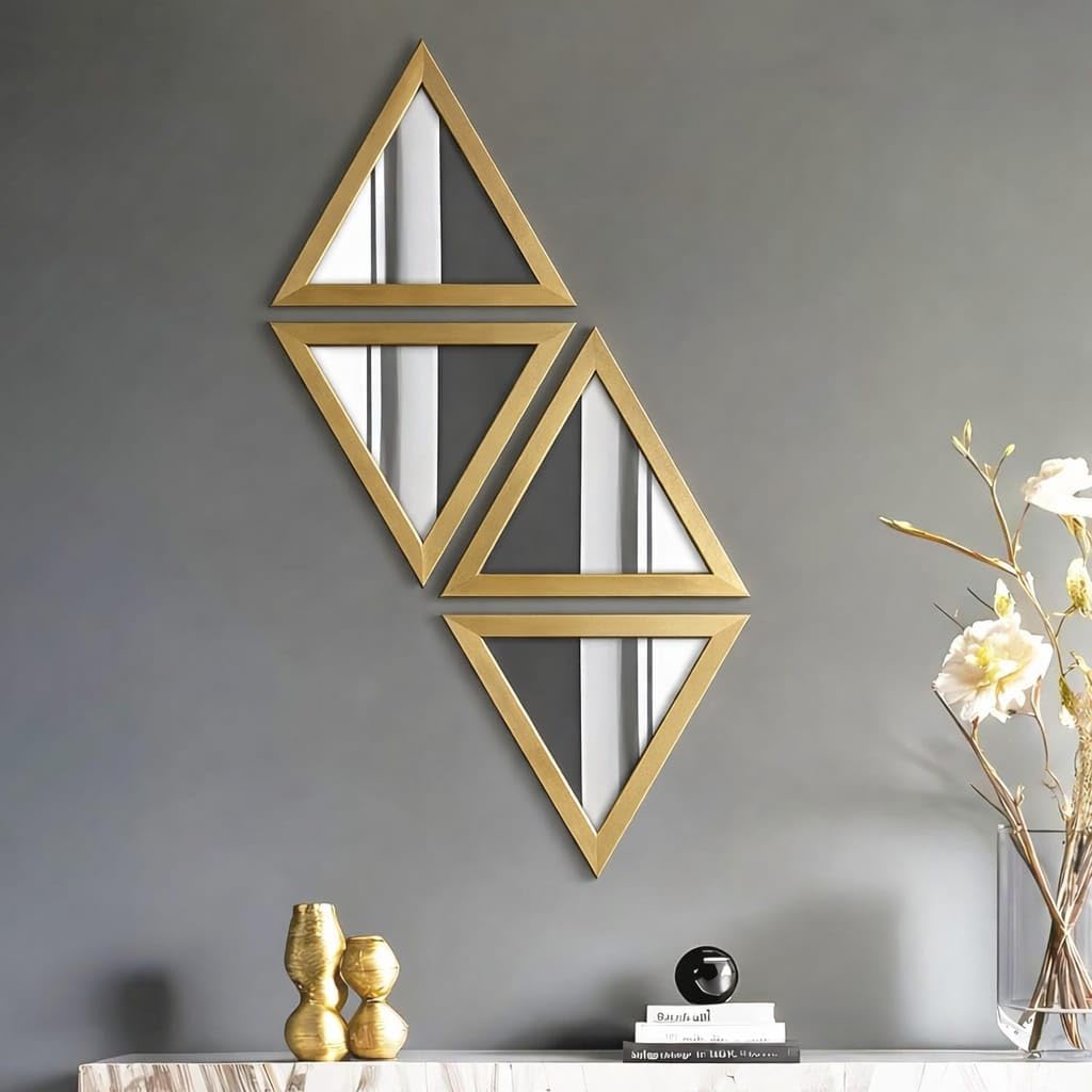 4 Pieces Triangular Acrylic Mirror Set – Aesthetic Wall Decor Item of Living Room, Boho Minimalist Hanging Mirror Set for Bedroom, Hallway, Home & Office Decoration (Golden)-picture-19