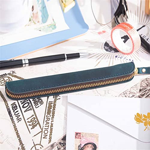 Image of Retro Crazy Horse Genuine Leather Stationery Pencil Case Storage Bag Casual Stationery Box (Blue)